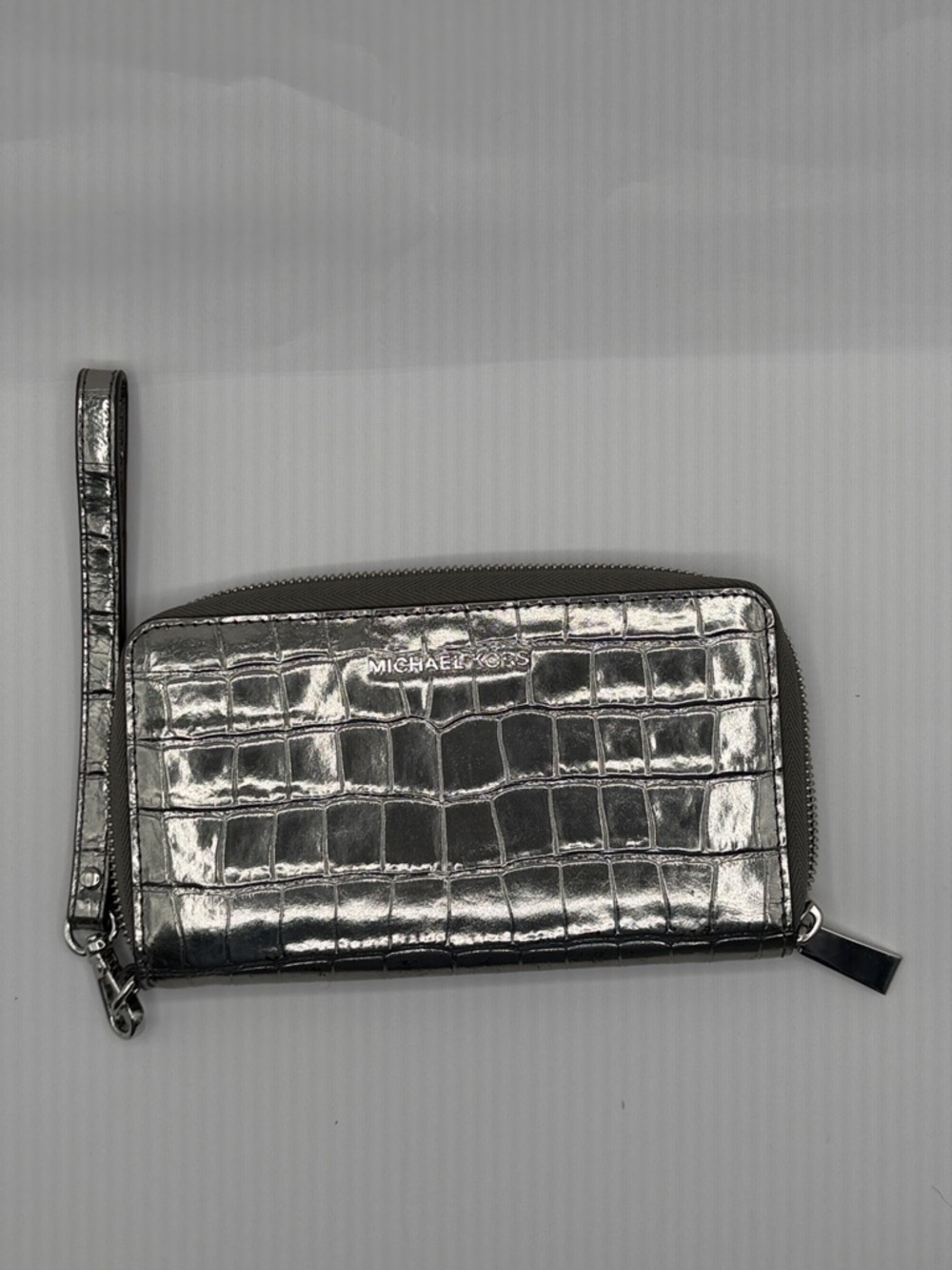 Michael Kors Silver Metallic Croc-Embossed Wristlet